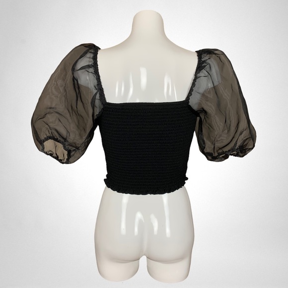 Evolutionary Black Smocked Bodice Top with Sheer Organza Puff Sleeves XL - Picture 5 of 9